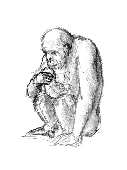 Boceto a grafito de un chimpancé sentado