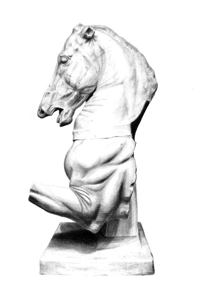Estudio a grafito de una escultura de caballo