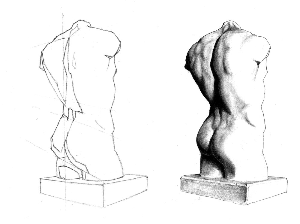 Estudio académico a grafito de un torso (lámina Bargue)