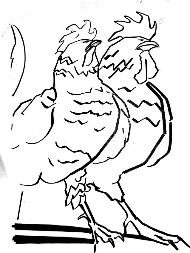 Boceto de dos gallos enfrentados